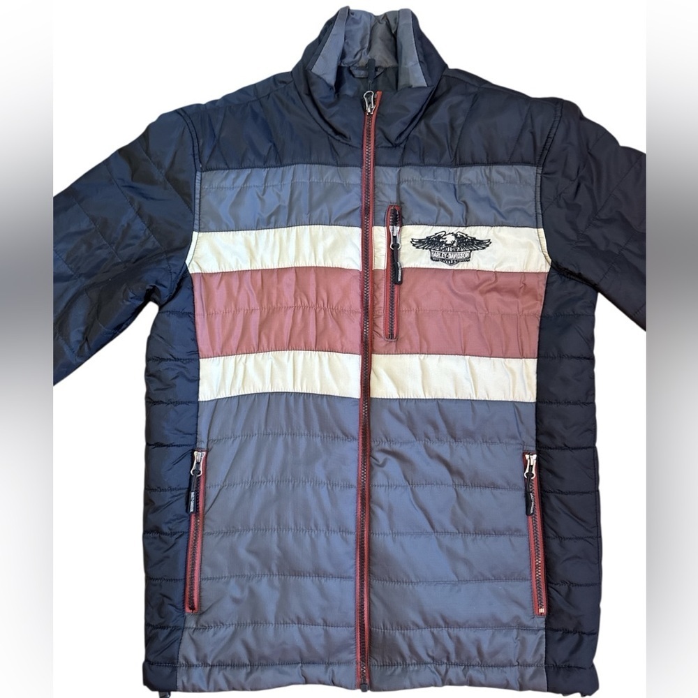 Men's HARLEY DAVIDSON puffer winter JACKET COAT black tan brown strip Logo S - Picture 2 of 7